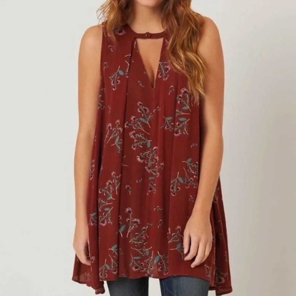 Free People Womens Medium‎ Sleeveless Tunic Tank Top Floral Boho Keyhole Flowy